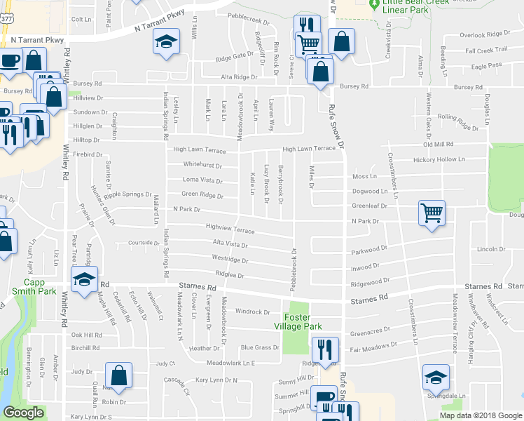 map of restaurants, bars, coffee shops, grocery stores, and more near 7905 Lazy Brook Drive in Fort Worth