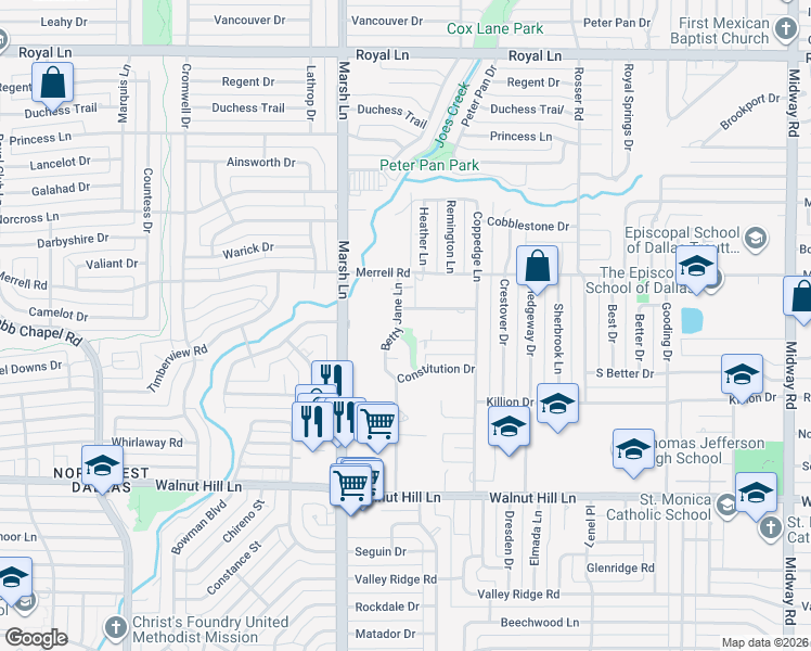 map of restaurants, bars, coffee shops, grocery stores, and more near 10234 Betty Jane Lane in Dallas