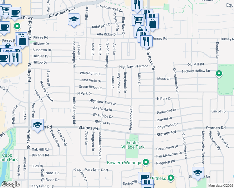 map of restaurants, bars, coffee shops, grocery stores, and more near 7905 Lazy Brook Drive in Watauga
