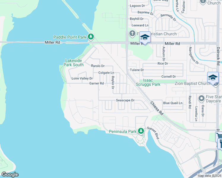 map of restaurants, bars, coffee shops, grocery stores, and more near 2601 Baylor Dr in Rowlett