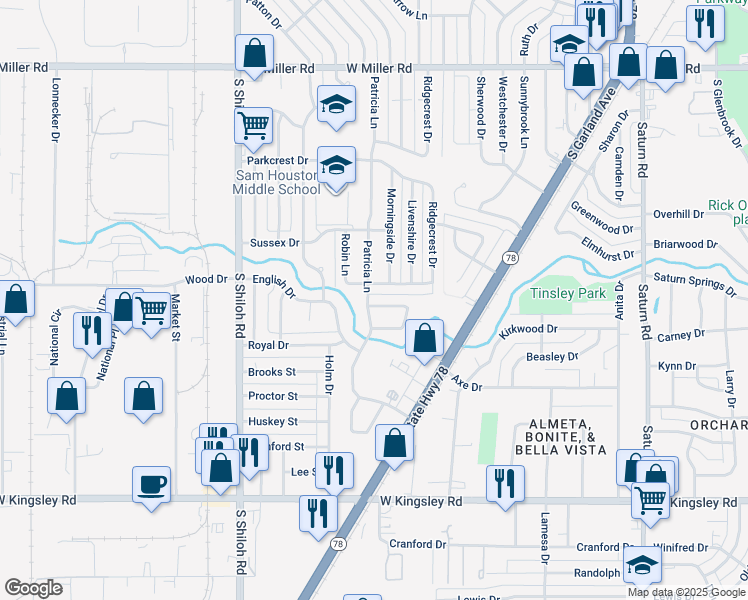 map of restaurants, bars, coffee shops, grocery stores, and more near 2141 Yorkshire Drive in Garland