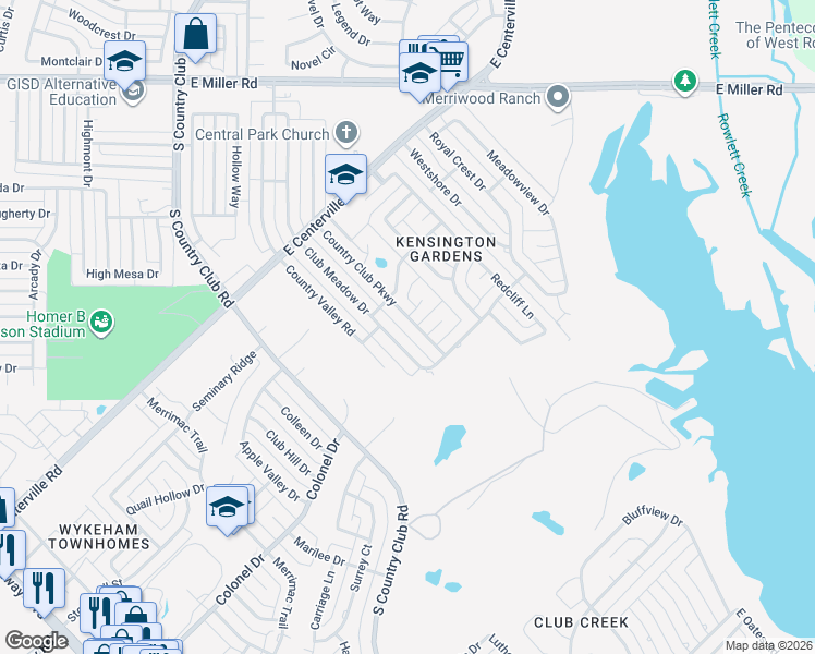 map of restaurants, bars, coffee shops, grocery stores, and more near 2817 Country Club Parkway in Garland
