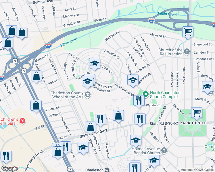 map of restaurants, bars, coffee shops, grocery stores, and more near 4912 West Liberty Park Circle in North Charleston