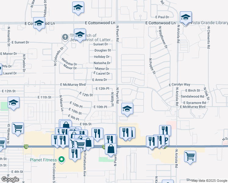 map of restaurants, bars, coffee shops, grocery stores, and more near 1250 North Milly Place in Casa Grande