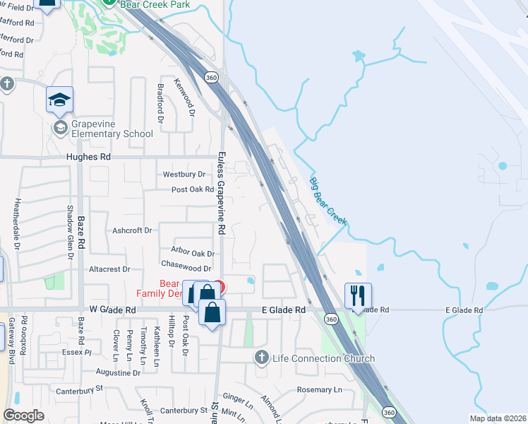 map of restaurants, bars, coffee shops, grocery stores, and more near 4609 Trevor Trail in Grapevine