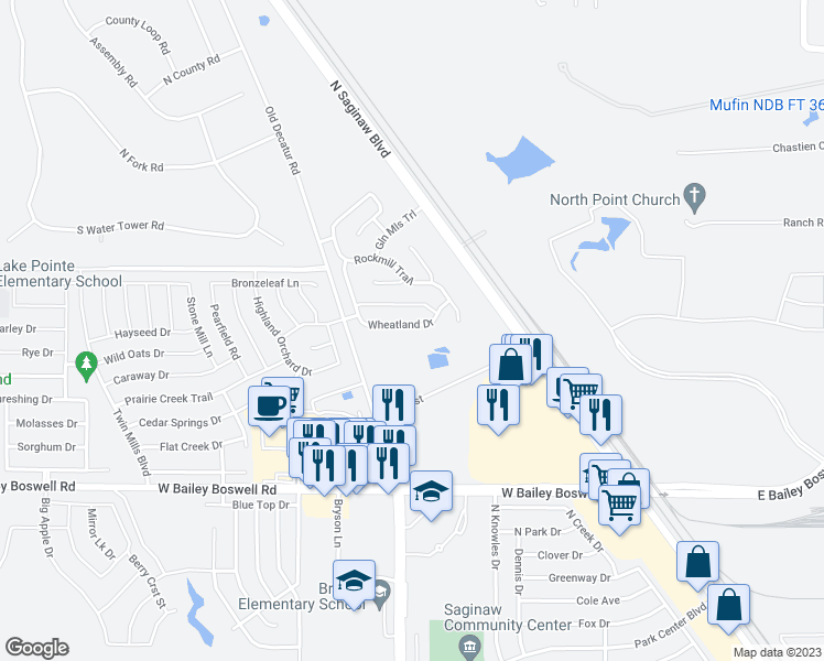 map of restaurants, bars, coffee shops, grocery stores, and more near 4533 Wheatland Drive in Fort Worth