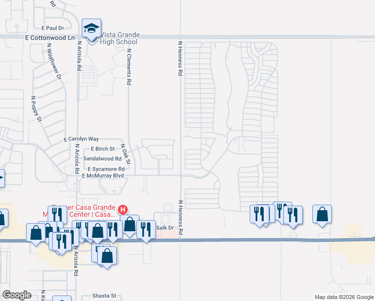 map of restaurants, bars, coffee shops, grocery stores, and more near 1298 North Verbena Place in Casa Grande