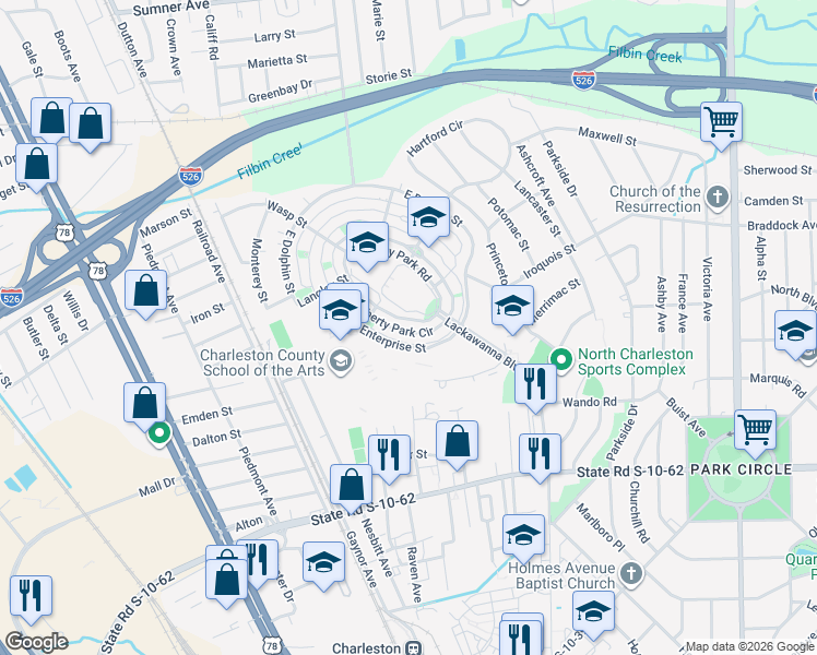 map of restaurants, bars, coffee shops, grocery stores, and more near 4912 West Liberty Park Circle in North Charleston