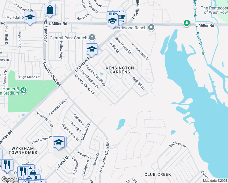 map of restaurants, bars, coffee shops, grocery stores, and more near 2817 Country Club Parkway in Garland