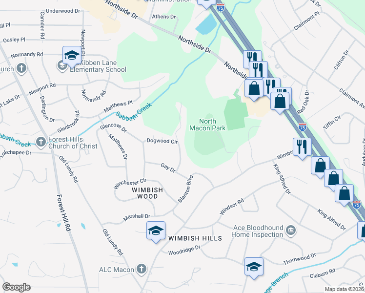 map of restaurants, bars, coffee shops, grocery stores, and more near 911 Dogwood Circle in Macon