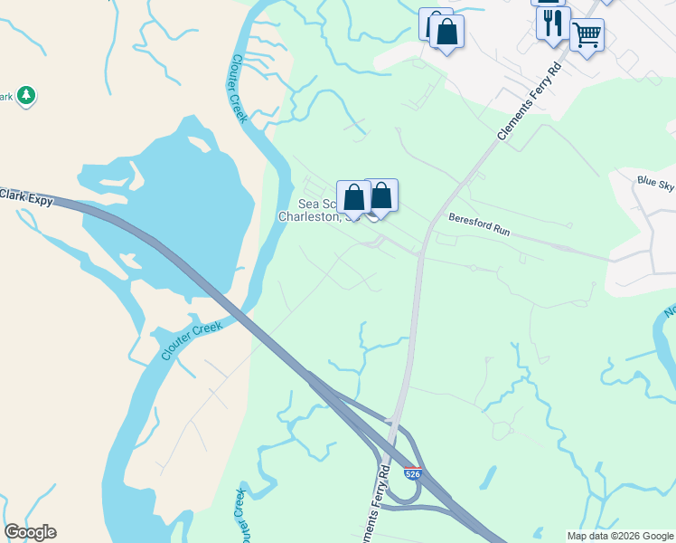 map of restaurants, bars, coffee shops, grocery stores, and more near 1033 Pinefield Drive in Charleston