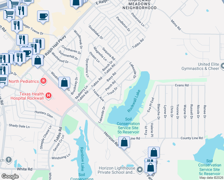 map of restaurants, bars, coffee shops, grocery stores, and more near 384 Trout Street in Rockwall