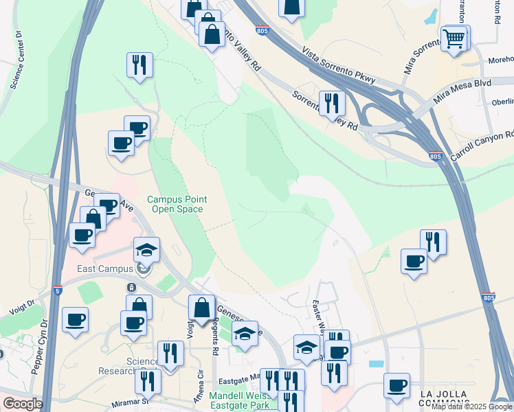 map of restaurants, bars, coffee shops, grocery stores, and more near 9885 Towne Centre Drive in San Diego