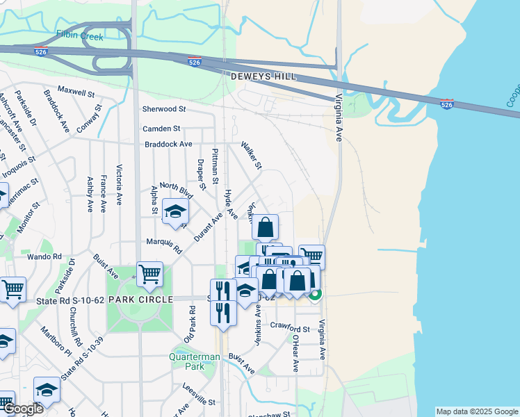 map of restaurants, bars, coffee shops, grocery stores, and more near 5007 Jenkins Avenue in North Charleston