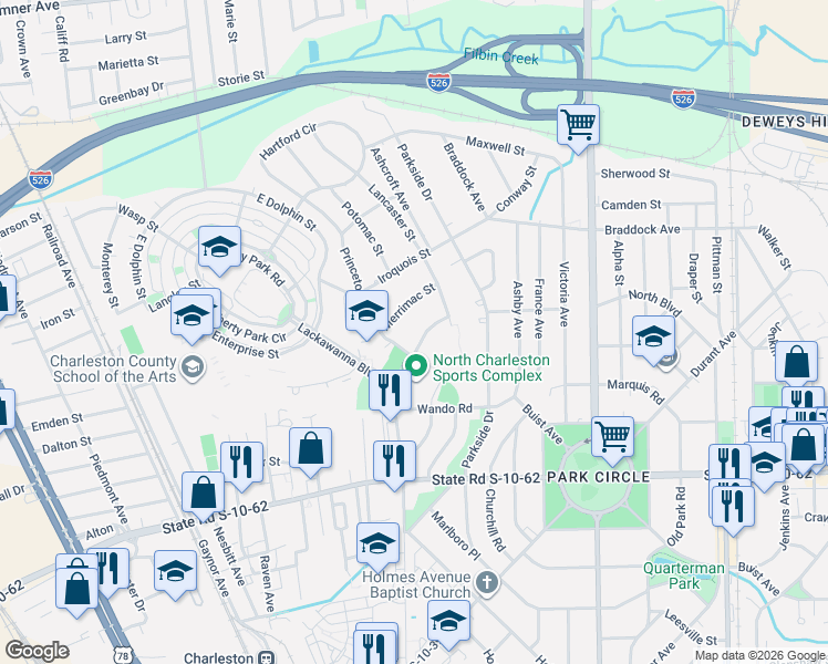 map of restaurants, bars, coffee shops, grocery stores, and more near 1428 Monitor Street in North Charleston