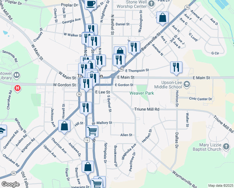 map of restaurants, bars, coffee shops, grocery stores, and more near 315 East Lee Street in Thomaston