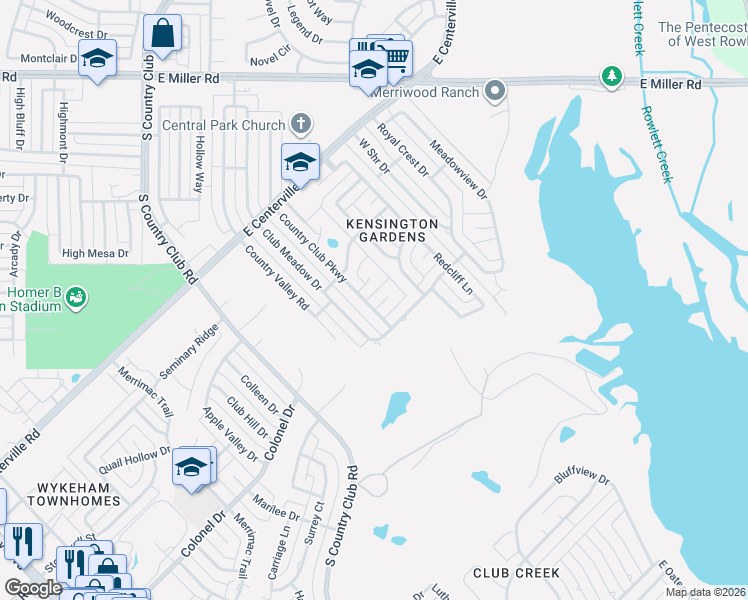 map of restaurants, bars, coffee shops, grocery stores, and more near 2817 Country Club Parkway in Garland
