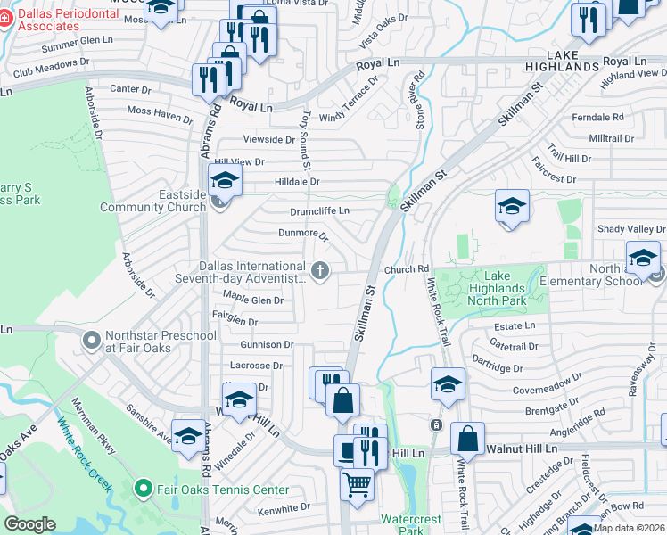 map of restaurants, bars, coffee shops, grocery stores, and more near 9129 Church Road in Dallas