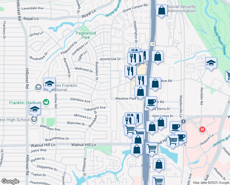 map of restaurants, bars, coffee shops, grocery stores, and more near 7711 Meadow Park Drive in Dallas