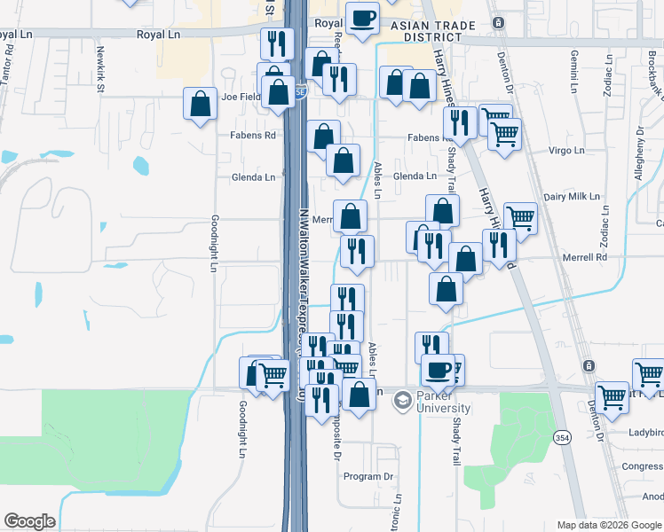 map of restaurants, bars, coffee shops, grocery stores, and more near 2400-2458 Southwell Rd in Dallas