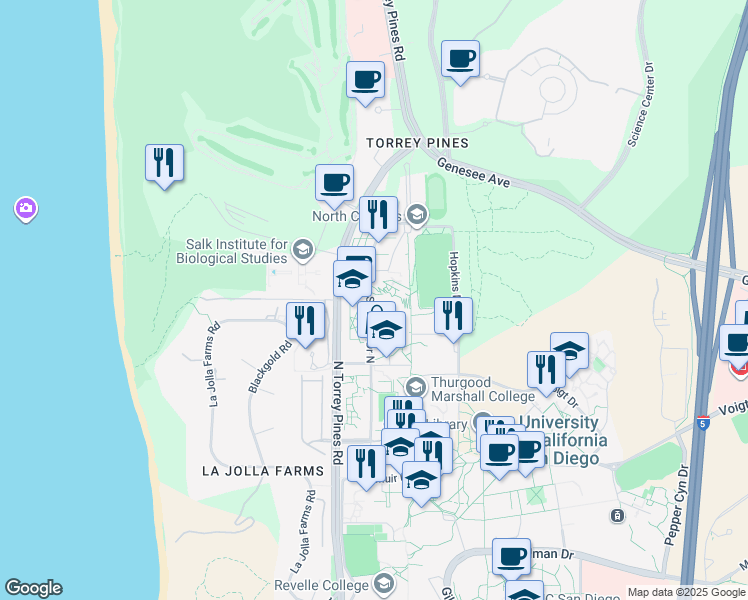 map of restaurants, bars, coffee shops, grocery stores, and more near 9500 Gilman Drive in San Diego