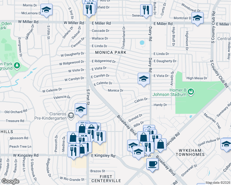 map of restaurants, bars, coffee shops, grocery stores, and more near 410 Monica Dr in Garland