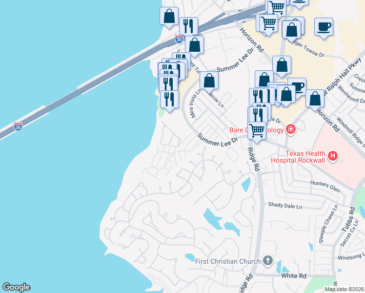 map of restaurants, bars, coffee shops, grocery stores, and more near 927 Signal Ridge Place in Rockwall