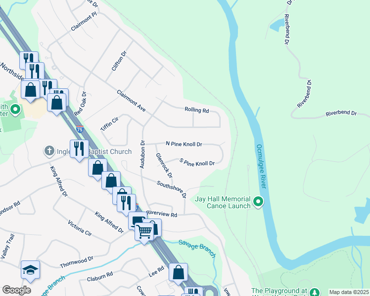 map of restaurants, bars, coffee shops, grocery stores, and more near 1047 North Pine Knoll Drive in Macon
