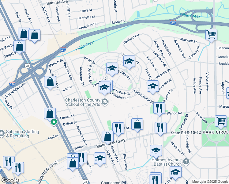 map of restaurants, bars, coffee shops, grocery stores, and more near 4945 West Liberty Park Circle in North Charleston
