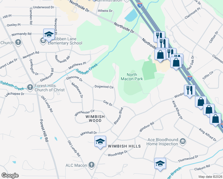 map of restaurants, bars, coffee shops, grocery stores, and more near 911 Dogwood Circle in Macon