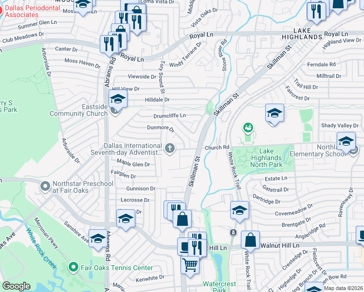 map of restaurants, bars, coffee shops, grocery stores, and more near 9129 Church Road in Dallas