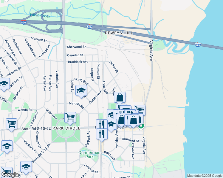 map of restaurants, bars, coffee shops, grocery stores, and more near 5007 Jenkins Avenue in North Charleston