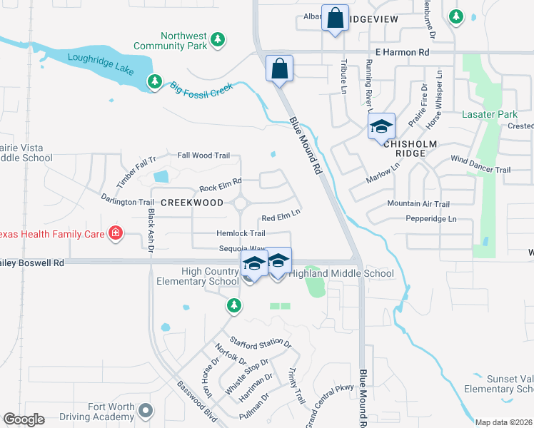 map of restaurants, bars, coffee shops, grocery stores, and more near 721 Red Elm Lane in Fort Worth
