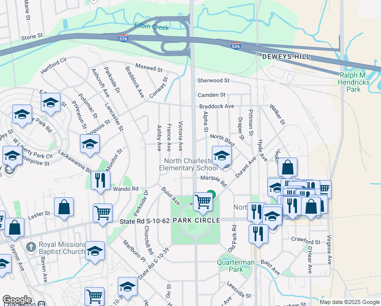 map of restaurants, bars, coffee shops, grocery stores, and more near 4957 North Rhett Avenue in North Charleston