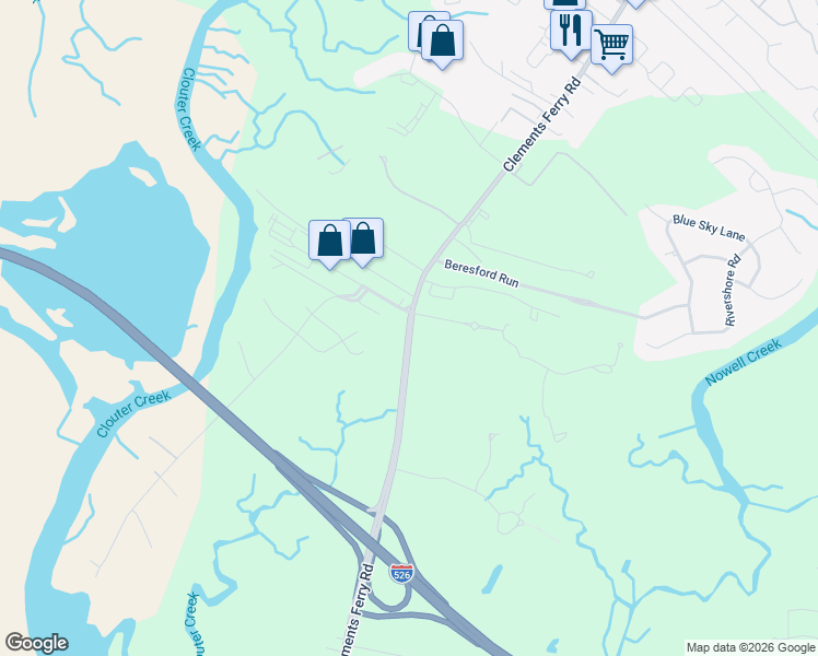 map of restaurants, bars, coffee shops, grocery stores, and more near 2658 Clements Ferry Road in Charleston