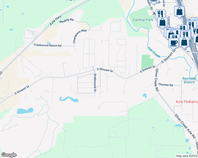 map of restaurants, bars, coffee shops, grocery stores, and more near 128 Stewart Bend Court in Azle