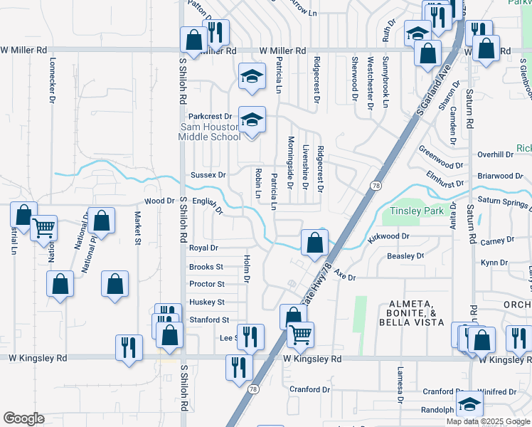 map of restaurants, bars, coffee shops, grocery stores, and more near 2141 Yorkshire Drive in Garland