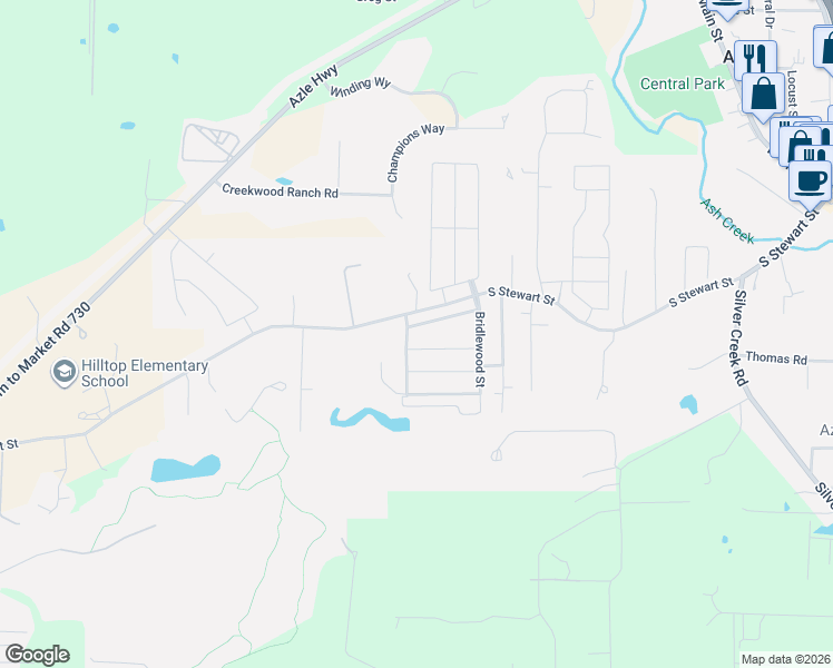 map of restaurants, bars, coffee shops, grocery stores, and more near 604 Cameron Way in Azle
