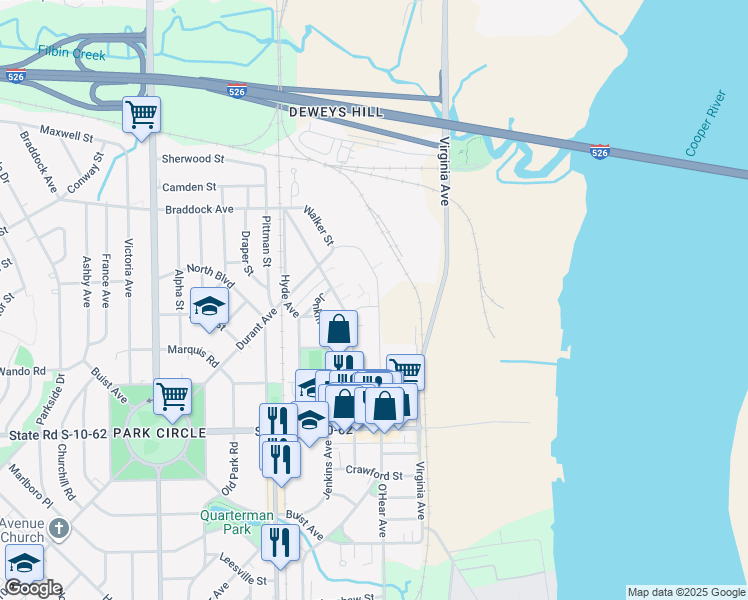 map of restaurants, bars, coffee shops, grocery stores, and more near 4918 O'Hear Avenue in North Charleston