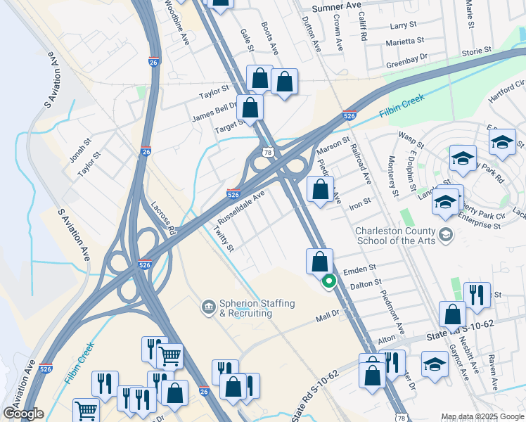 map of restaurants, bars, coffee shops, grocery stores, and more near 2110 Rebecca Street in North Charleston