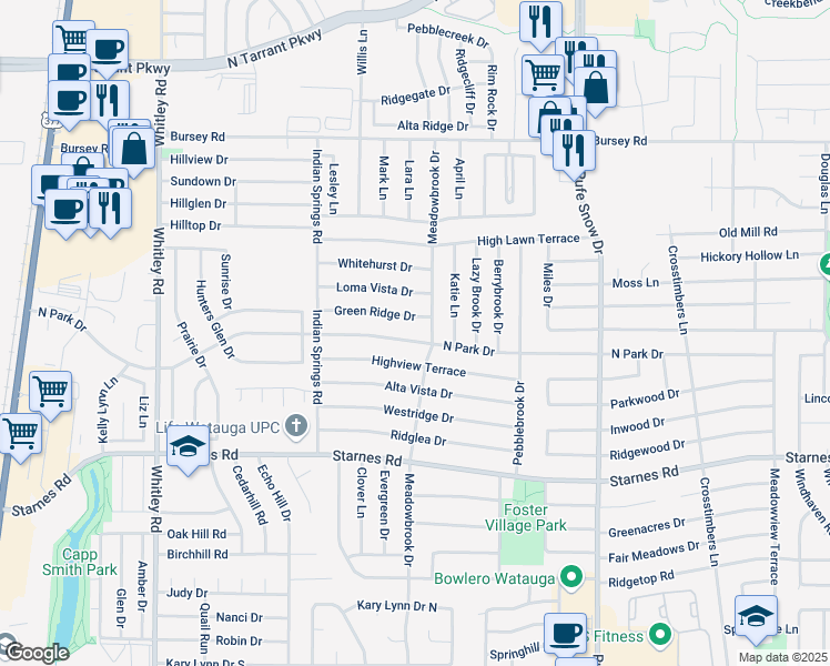 map of restaurants, bars, coffee shops, grocery stores, and more near 6465 North Park Drive in Watauga
