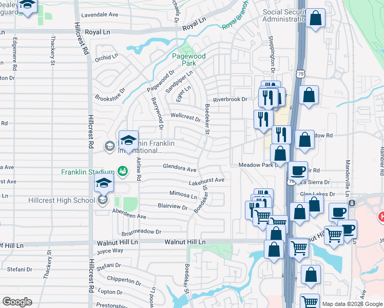 map of restaurants, bars, coffee shops, grocery stores, and more near 7231 Stonetrail Drive in Dallas