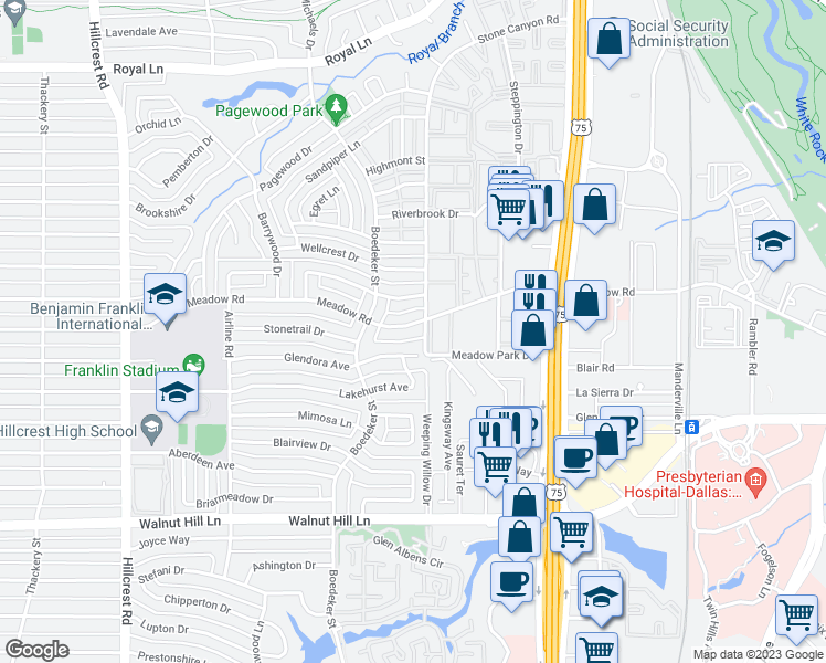 map of restaurants, bars, coffee shops, grocery stores, and more near 7620 Meadow Road in Dallas