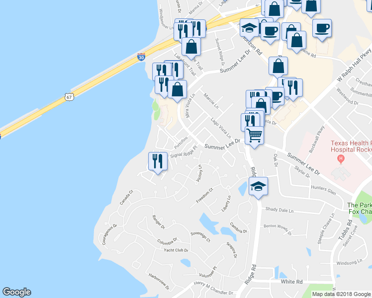 map of restaurants, bars, coffee shops, grocery stores, and more near 1243 Signal Ridge Place in Rockwall