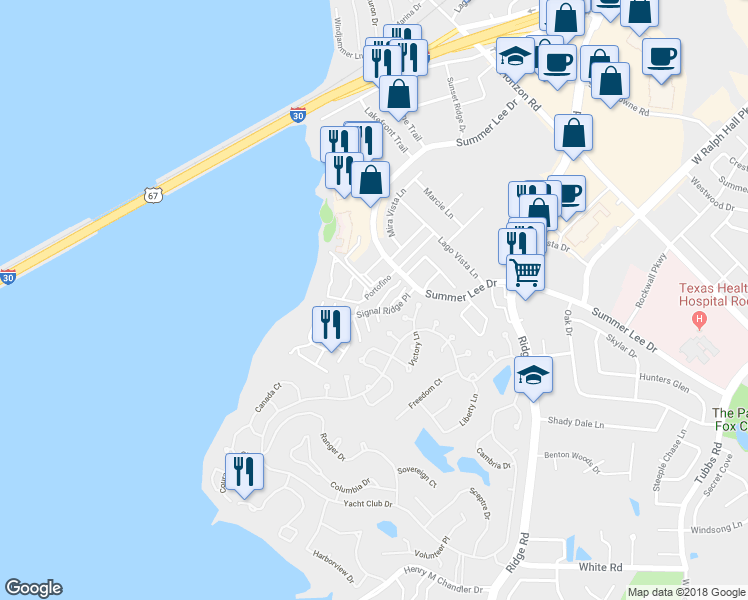 map of restaurants, bars, coffee shops, grocery stores, and more near 923 Signal Ridge Place in Rockwall