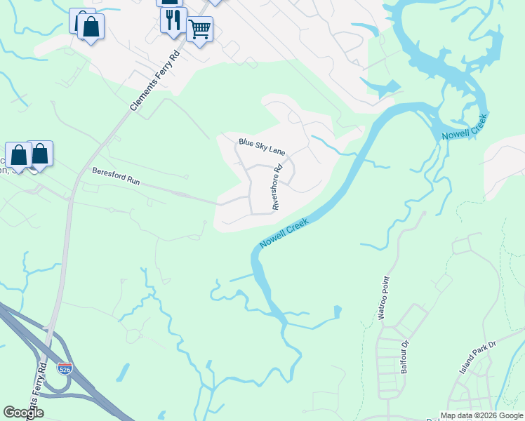 map of restaurants, bars, coffee shops, grocery stores, and more near 1034 Rivershore Road in Charleston