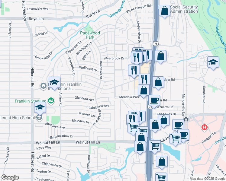 map of restaurants, bars, coffee shops, grocery stores, and more near 7620 Meadow Road in Dallas