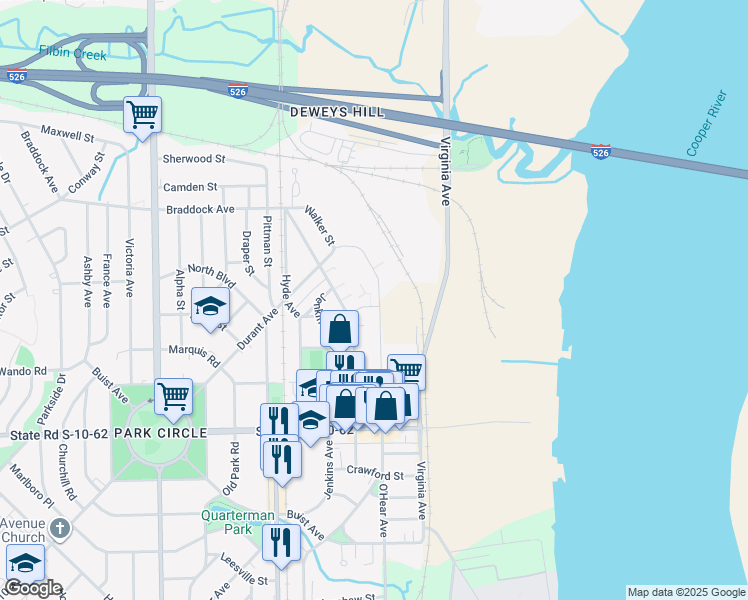map of restaurants, bars, coffee shops, grocery stores, and more near 4918 O'Hear Avenue in North Charleston