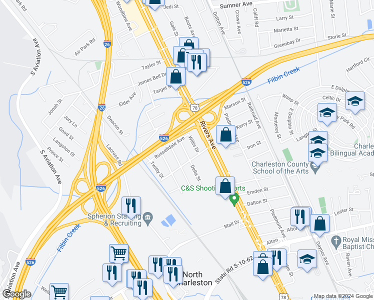 map of restaurants, bars, coffee shops, grocery stores, and more near 2110 Rebecca Street in North Charleston