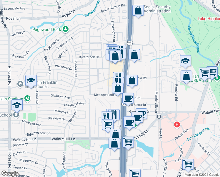 map of restaurants, bars, coffee shops, grocery stores, and more near 10209 Regal Oaks Drive in Dallas